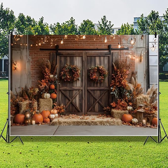 12x10ft Fall Thanksgiving Backdrop Pumpkins Autumn Harvest Pumpkins Barn Photography Background Hay Maple Leaves Birthday Party Decorations Banner Photo Booth Props - Image 2
