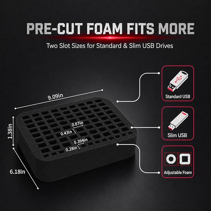 Comecase USB Flash Drive Case, Holds 85 USB Drives and 25 SD Cards | Pre-Cut Foam Stores 85 USB & 25 SD Cards; EVA Hard Shell, Black+Red Zipper, X-Large, Case Only - Image 3
