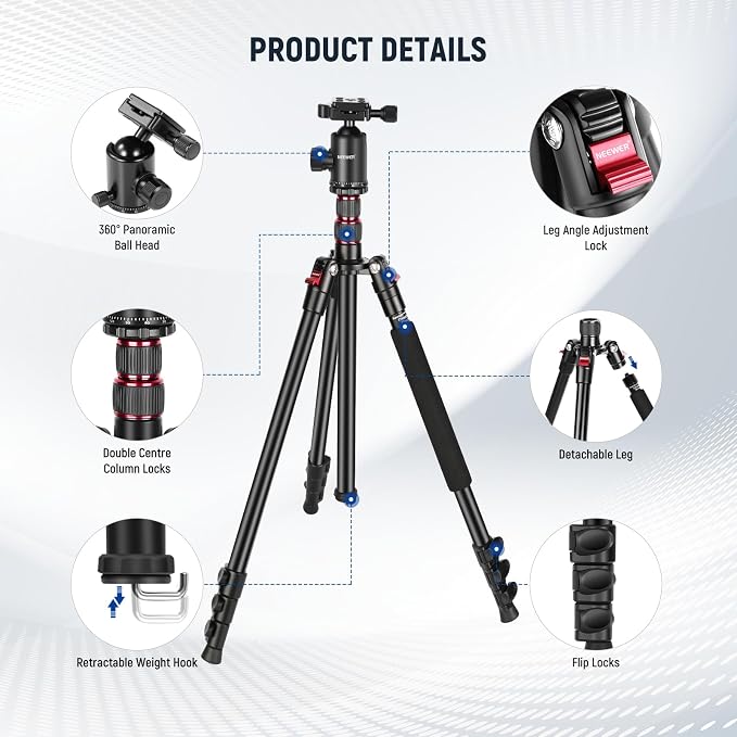 NEEWER 77" Camera Tripod Monopod with Cell Phone Holder Compatible with iPhone for Video Recording, Compact Aluminum Travel Stand with Ball Head QR Plate Bag Cleaning Cloth, Max Load 34lb, TP77 - Image 8