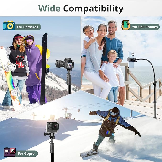 Sensyne 92" Cell Phone Tripod, Selfie Stick Tripod with 16.5" Flexible Gooseneck, Overhead Phone Stand for Video Recording, Photography, Compatible with Phone, Camera - Image 3