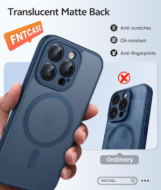 FNTCASE for iPhone 15 Pro Max Case, Fit for Magsafe, Glass Screen Protector | Full Camera Protection, Translucent Matte, 14FT Military Grade Drop Proof, Shockproof Protective Phone Cover, Blue - Image 6