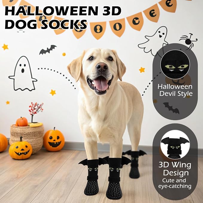 EXPAWLORER Halloween Anti Slip Dog Socks to Prevent Licking Paws, Boots & Paw Protectors with Grippers,Doggie Booties for Hardwood Floors for Small Medium Large Senior Dogs Costume Black Devil Wings L - Image 5