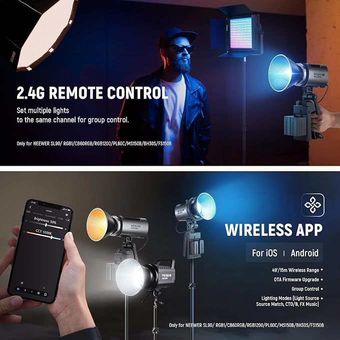 NEEWER MS60C RGBWW LED Video Light with 2.4G/App Control, 65W Metal Mini | RGB COB Continuous Output Lighting, Bowens Mount Handheld Spotlight, 2700K-6500K 8300lux CRI 97+/TLCI 98+ 17 Effects + RGBCW - Image 6