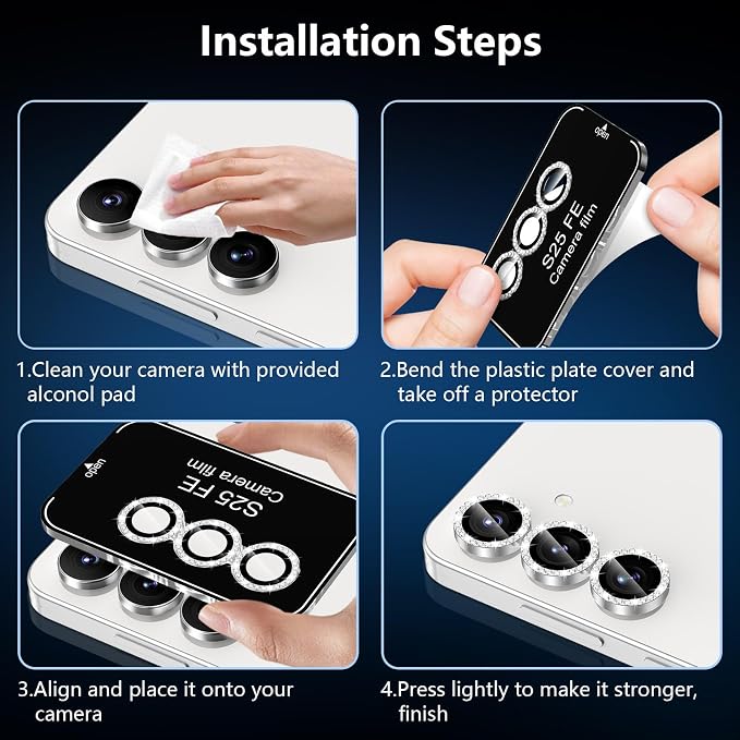 for Samsung Galaxy S25 FE Camera Lens Protector, Individual Metal Ring Tempered Glass Lens Cover, [Strong Adsorption] Scratch Resistant Ultra-Thin HD Clear Lens Cover, 1 Set-Slivery Diamond - Image 6
