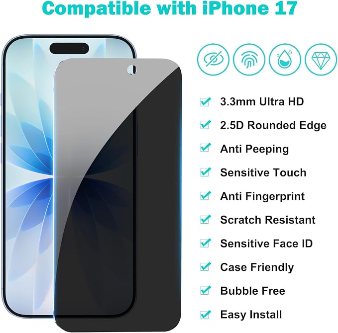 PEHAEL for iPhone 17 Privacy Screen Protector+Camera Lens Protector | 3+3 Pack, Installation Frame, Cleaning kits, Anti-Spy Private, Anti-Scratch, 9H Tempered Glass, Case Friendly, [6.3 inch] - Image 2