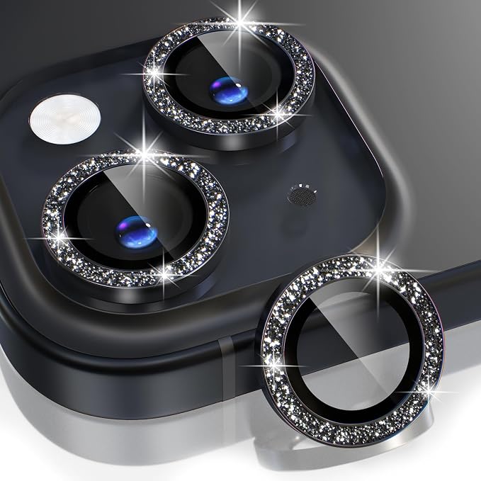 Choiche for iPhone 15/15 Plus Camera Lens Protector Bling, Glitter-Black | Ultra HD, 9H Tempered Glass Camera Cover Screen Protector Metal Individual Ring Decoration Accessories, 2-Lens, 6.1/6.7-inch by Choiche