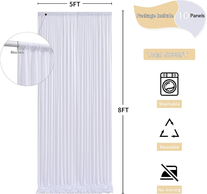 50 ft x 8 ft White Backdrop Curtain Draps for Wedding Parties, 10 Panels 5 ft x 8 ft Wrinkle Free Polyester Photo Drapes for Birthday Party Baby Shower Backdrop Stand - Image 5