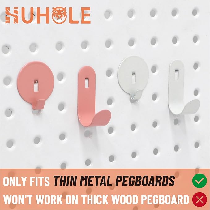 HUHOLE 20PC White Pegboard Clip Hooks for Thin Metal 1/4 Inch Pegboard | Picture Hangers with 10 lb Capacity, 10 Round and 10 Angled Peg Hooks for Jewelry, Crafts and Small Accessories - Image 2