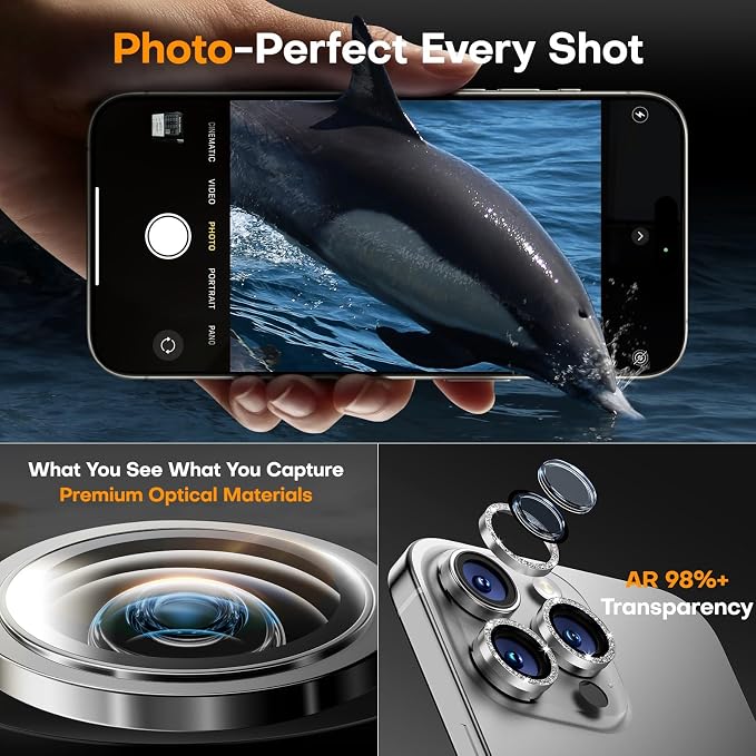 Camera Lens Protector for iPhone 15 Pro Max/15 Pro- Glitter White | 9H Tempered Glass, Metal Individual Camera Cover, Accessories, Anti-drop, Case Friendly, HD Clear, Anti-Scratch - Image 4