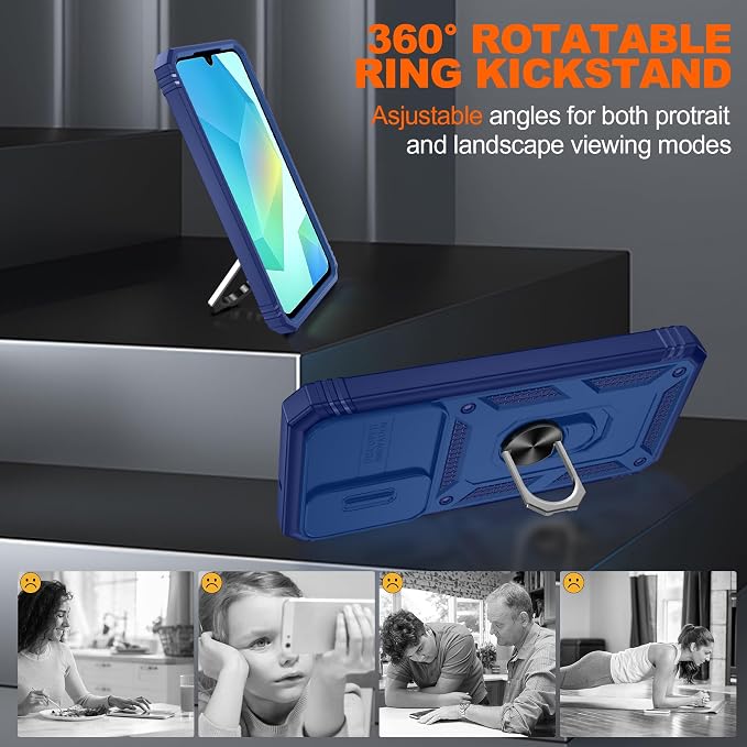 for Samsung Galaxy A06 Phone Case with 2PCS Screen Protector, Galaxy A06 Case Build in 360° Rotating Ring Kickstand, Military Grade Protective Case for Samsung A06 Phone (Blue) - Image 7