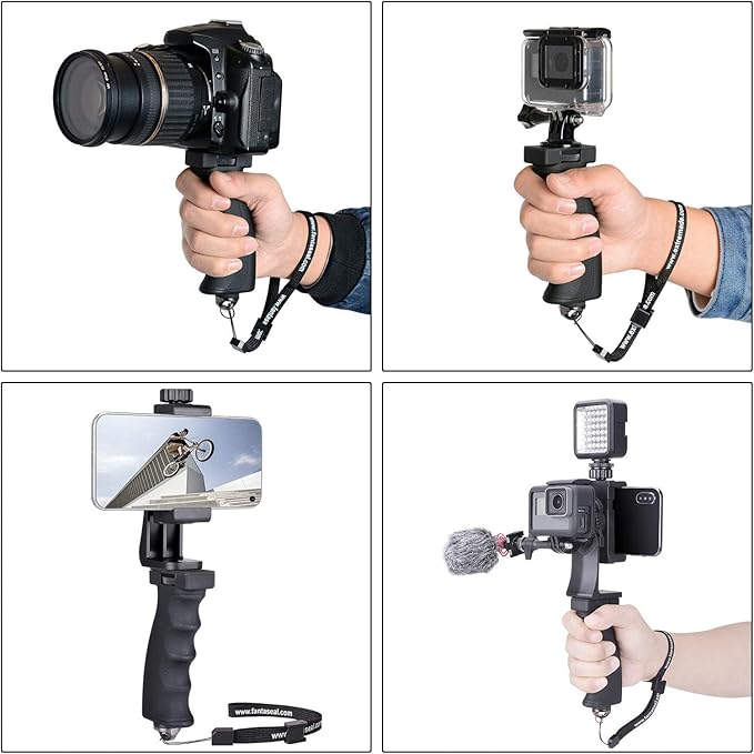 2in1 Ergonomic Portable Action Camera+Smartphone SYN Hand Grip Stabilizer Combo Mount Video Vlogging Rig Holder Kit for GoPro iPhone Interview Travel YouTube Tiktok Streaming-Mic+Light Adapter - Image 5