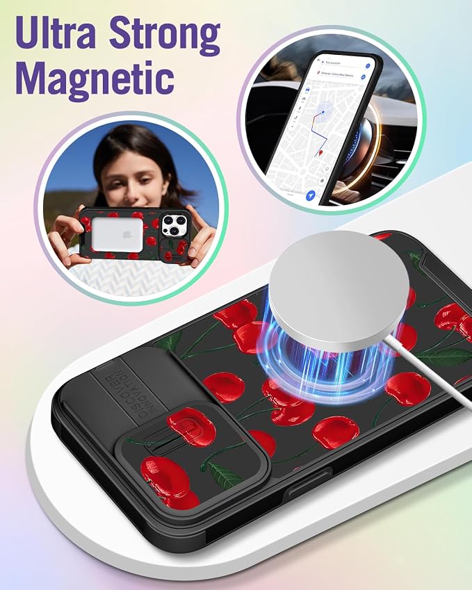 Buleens for iPhone 14 Pro Max Case 6.7 Inch - with Ring Stand & Camera Cover Aesthetic Cute Designed Women Girls Girly Kawaii Pretty Cherry Phone Case for iPhone 14 Pro Max Compatible with Magsafe - Image 4