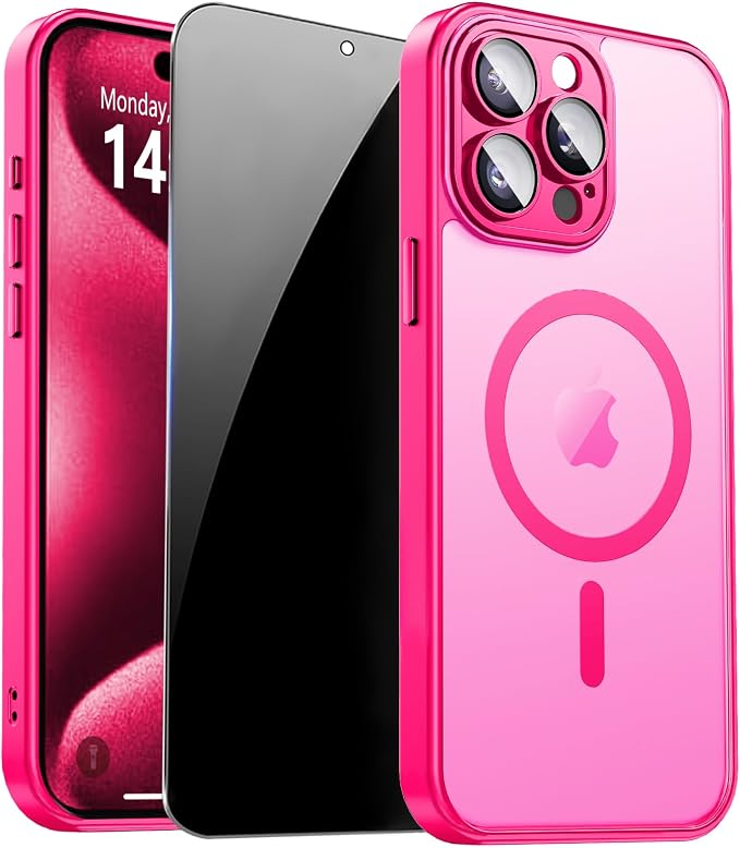 for iPhone 15 Pro Case with Privacy Screen Protector, Hot Pink | Full Camera Protection, Translucent Matte Magnetic, Compatible with MagSafe, Shockproof Phone Cover, Slim Fit Women/Girls by ZOZDOKG