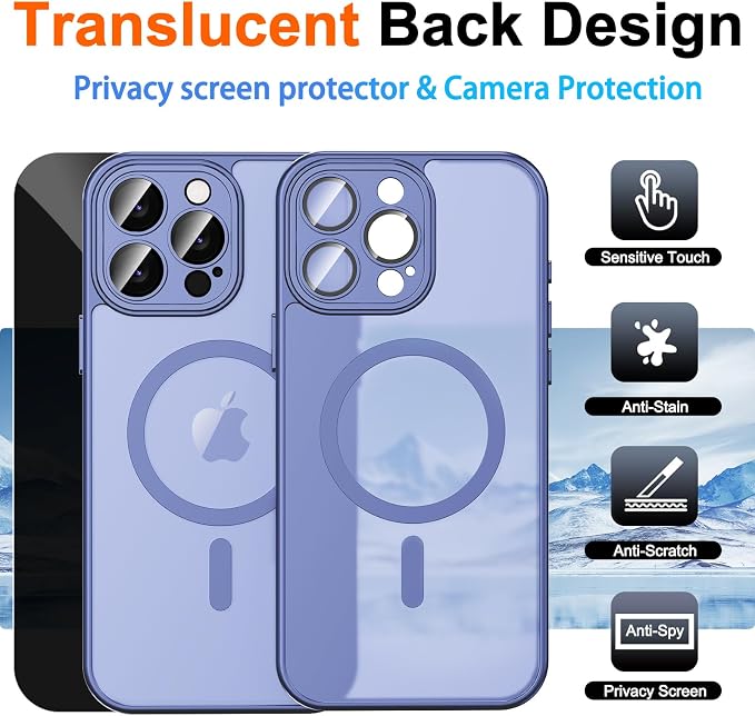 for iPhone 14 Pro Max Case with Privacy Screen Protector,Light Blue | Full Camera Protection, Translucent Matte Magnetic, Compatible with MagSafe, Shockproof Phone Cover, Slim Fit - Image 2