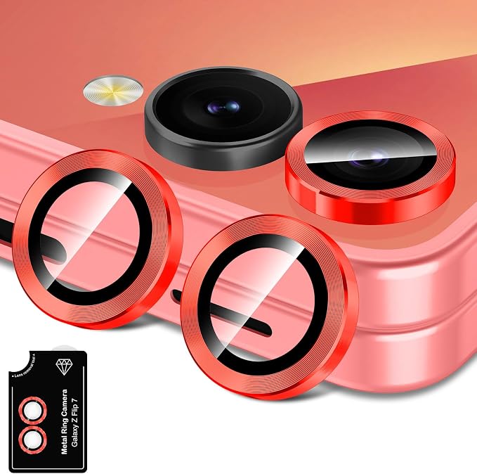 for Samsung Galaxy Z Flip 7 Camera Lens Protector, Individual Metal Ring Tempered Glass Lens Cover, [Strong Adsorption] Scratch Resistant Ultra-Thin HD Clear Lens Cover, 1 Set-Red by Btscase
