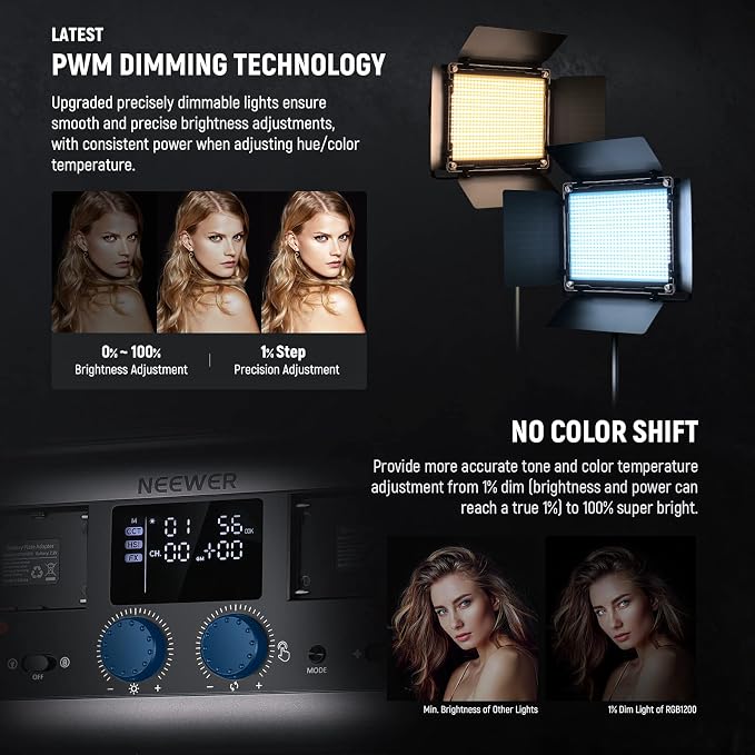 NEEWER RGB1200 RGB LED Video Light Panel with APP/2.4G Control, 60W Studio Photography Lighting 22000Lux@0.5m/1% Precise Min Dimming/360° Full Color/ CRI97+/TLCI98+/2500K-8500K/18 Effect with Barndoor - Image 3