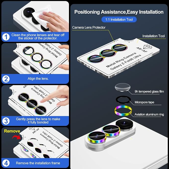 for Samsung Galaxy Z Fold 8 Ultra Camera Lens Protector, Individual Metal Ring Tempered Glass Lens Cover, [Strong Adsorption] Scratch Resistant Ultra-Thin HD Clear Lens Cover, 1 Set-Colorful Ring - Image 7