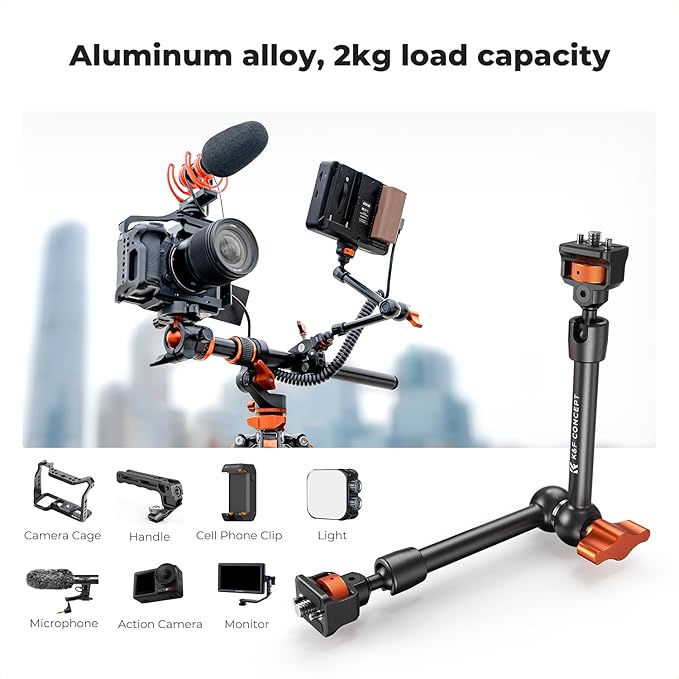 K&F CONCEPT 11" Magic Arm Clamp with Clamp ARRI 1/4" & 3/8" Thread Screw | 360° Ball Heads Arm with Clamp Mount for Monitor, LED Light, Webcam, Action Camera, MS33 - Image 2