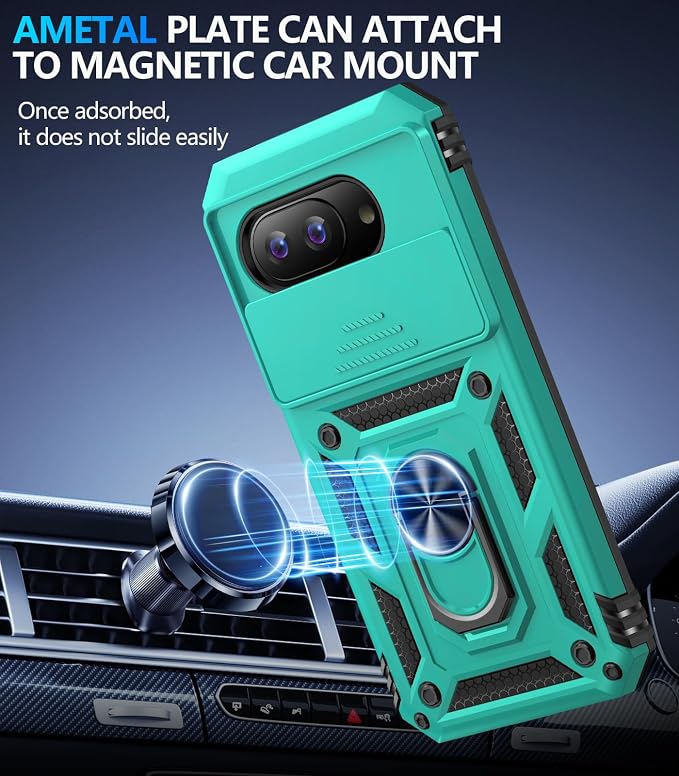 Taisairu for Google Pixel 9A Case with Screen Protector & Slide Camera Lens Cover,Built-in 360°Rotate Magnetic Ring Stand Shockproof Protective Phone Case for Google Pixel 9A Case(Mint Green) - Image 5