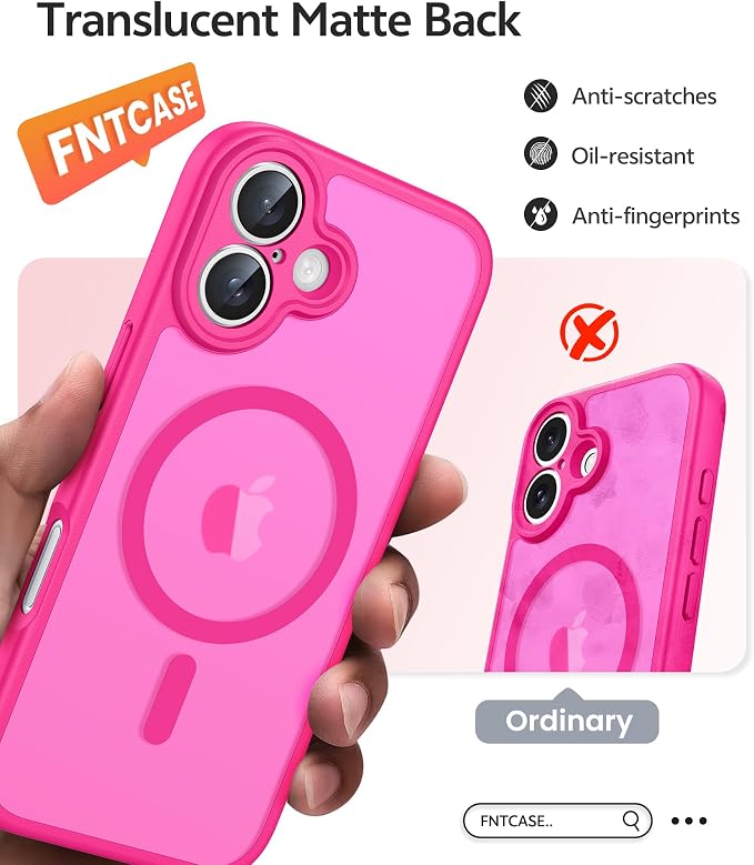 FNTCASE for iPhone 16 Case, Fit for Magsafe, Screen Protector, Hot Pink | Full Camera Protection, Translucent Matte, 14FT Military Grade Drop Proof, Shockproof Protective Phone Cover - Image 6