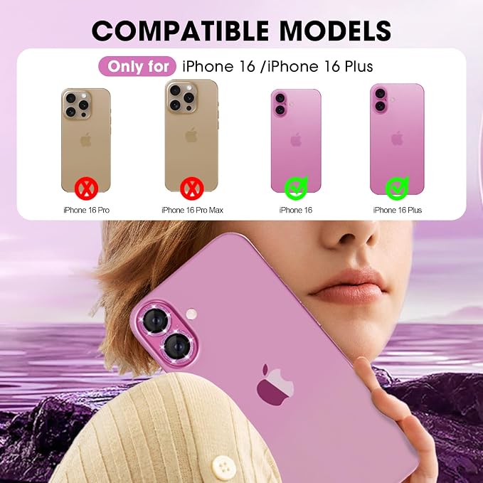 for iPhone 16/16 Plus Camera Lens Protector Bling Glitter, Pink | Individual Metal, 9H Hardness, Scratch Resistant, Shockproof, Drop Protection, Case Friendly, Stylish Accessories - Image 2