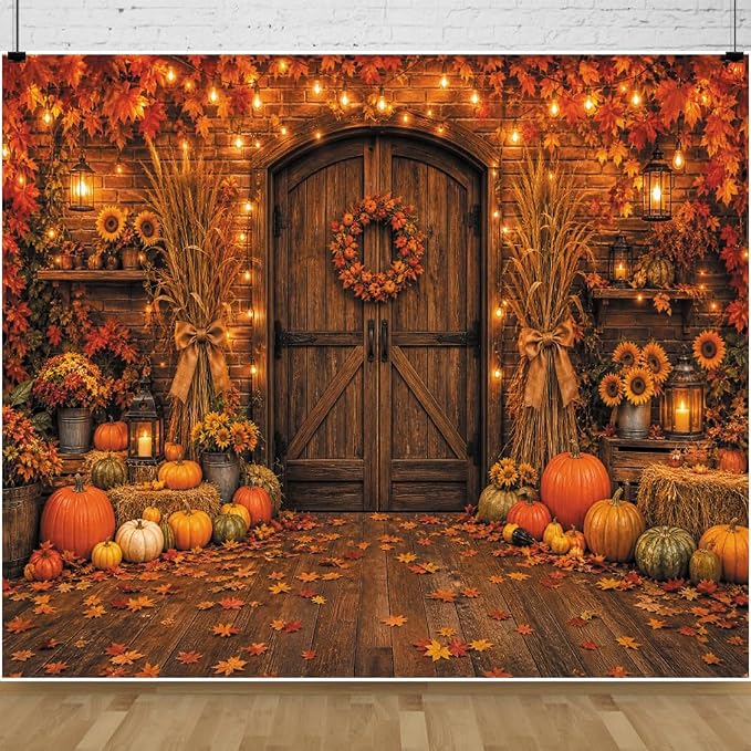 Rustic Barn Wooden Door Fall Backdrop 8x8ft Brick Wall Maple Leaf String Light Thanksgiving Background Pumpkin Sunflower Haystack Harvest Autumn Famliy Party Decorations Vinyl by Leowefowa