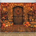 Rustic Barn Wooden Door Fall Backdrop 8x8ft Brick Wall Maple Leaf String Light Thanksgiving Background Pumpkin Sunflower Haystack Harvest Autumn Famliy Party Decorations Vinyl by Leowefowa