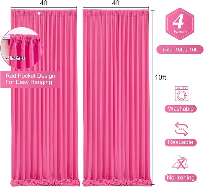 Hot Pink Backdrop Curtain 4 Panels-Wrinkle-Free Polyester Photography Drapes for Wedding Party Photo Background Decorations- 16 X10FT (Hot Pink) - Image 3