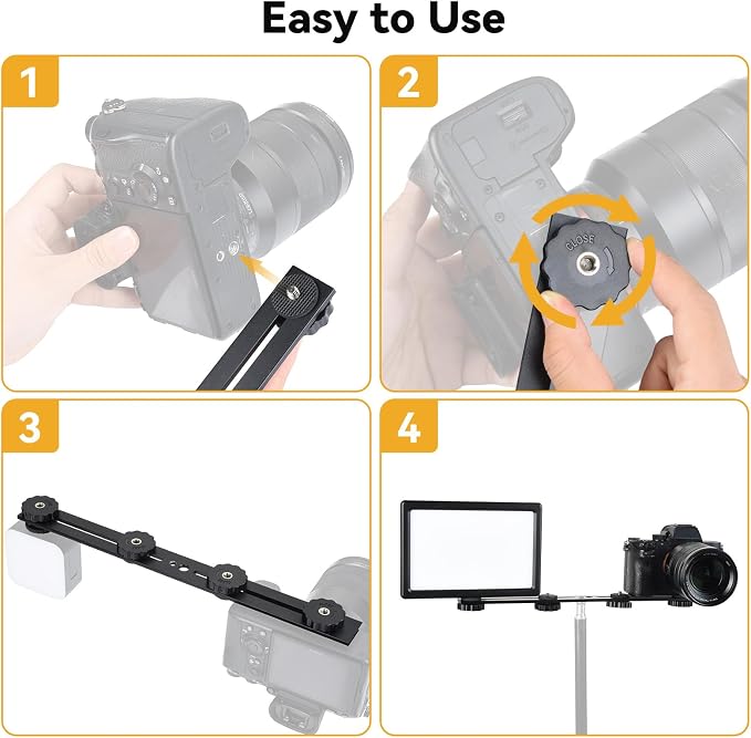 13 inch Flash Bracket, Long Dual Camera Mount with 1/4“ Hot Shoe | Flash Bracket Extension Bar, Straight Flash Brackets 1/4-3/8 Thread Hole Tripod Mount for Camera/LED Light/Microphone - Image 6