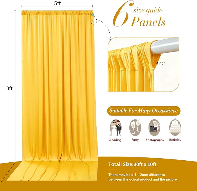 30 ft x 10 ft Wrinkle Free Yellow Backdrop Curtain for Parties, Ginger Polyester Photo Backdrop Drapes,Thick Background 6 Panels 5ft x 10ft for Baby Shower Wedding Birthday Party Backdrop Stand - Image 4