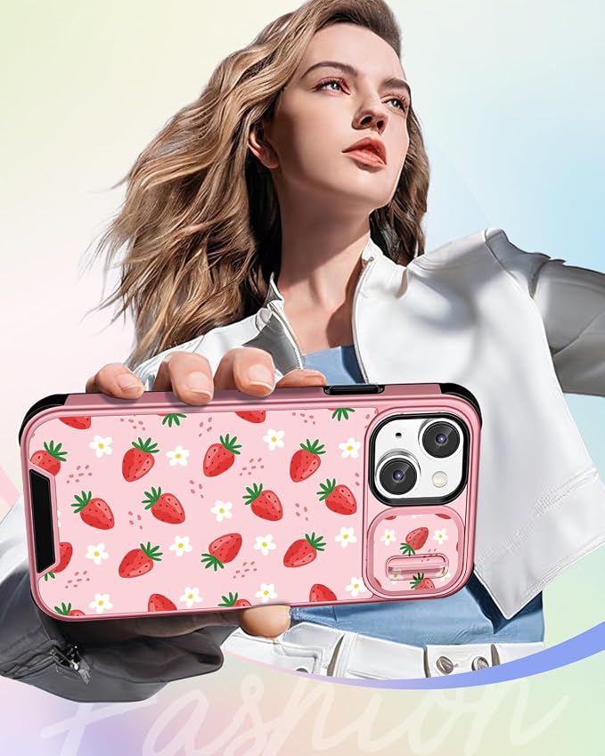 Buleens for iPhone 13 Case 6.1 Inch - with Ring Stand & Camera Cover Aesthetic Cute Designed for Women Girls Girly Pretty Strawberry for Phone Case for iPhone 13 Compatible with Magsafe - Image 6