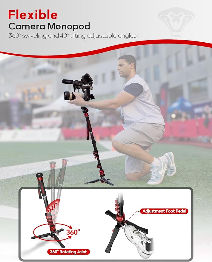 IFOOTAGE Cobra 3 C180F-P Carbon Fiber Camera Monopod 71" | Travel Monopod with Feet, 1/4" & 3/8" Quick Release Compatible with Sony Canon Nikon DSLR Camera, Payload 17.6lb - Image 6