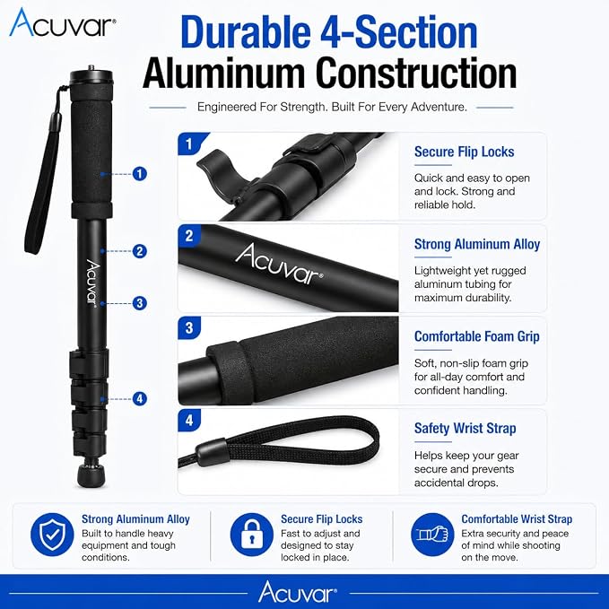 Acuvar 65 Inch Camera Monopod – Lightweight 4-Section Aluminum Monopod with Safety Strap for DSLR & Mirrorless Cameras - Image 7