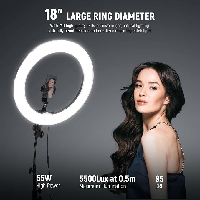NEEWER Ring Light 18inch Kit: 55W 5600K Professional LED with Stand and Phone Holder, Soft Tube & Bag for Tattoo Lash Extension Barber Makeup Artist Studio Video Photography Lighting, RL-18 - Image 3