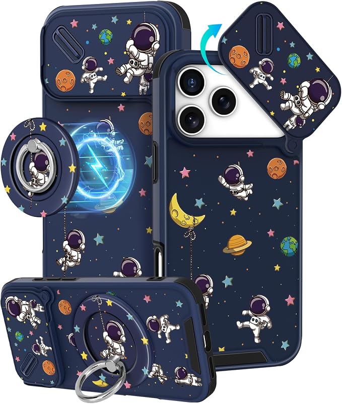 Buleens for iPhone 17 Pro Max Case 6.9 Inch - with Ring Stand & Camera Cover Aesthetic Cute Designed for Women Girls Girly Cartoon Astronaut Phone Case for iPhone 17 Pro Max Compatible with Magsafe by Buleens