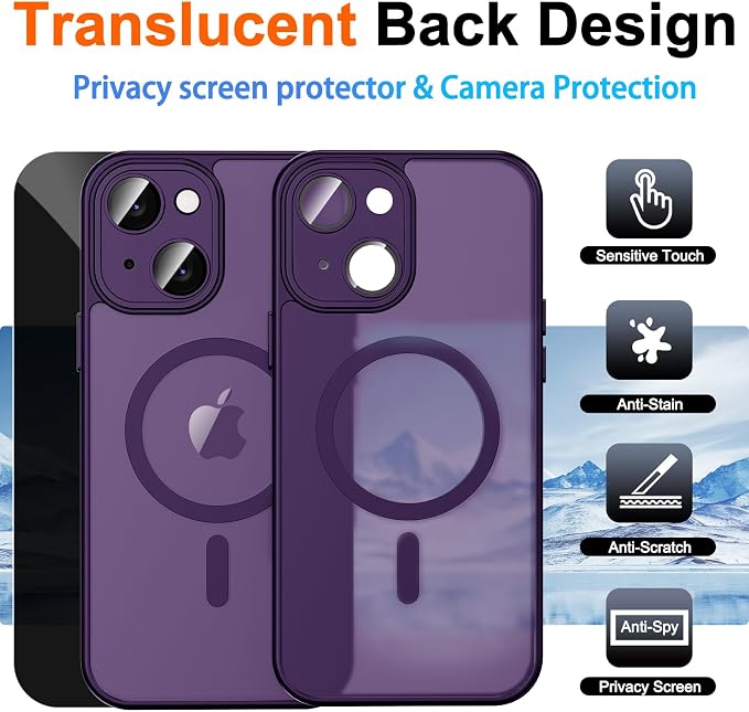 for iPhone 14 Plus Case with Privacy Screen Protector, Purple | Full Camera Protection, Translucent Matte Magnetic, Compatible with MagSafe, Shockproof Phone Cover, Slim Fit Women/Girls - Image 2