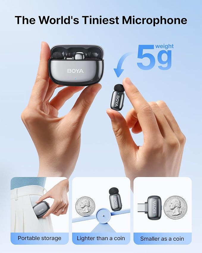BOYA mini 2 Wireless Lavalier Microphone for iPhone 5-17 & Android Phone | Mini Mic with AI Noise Cancellation, App Control, 30H Battery Life with Charging Case for Recording Vlogging Streaming - Image 2