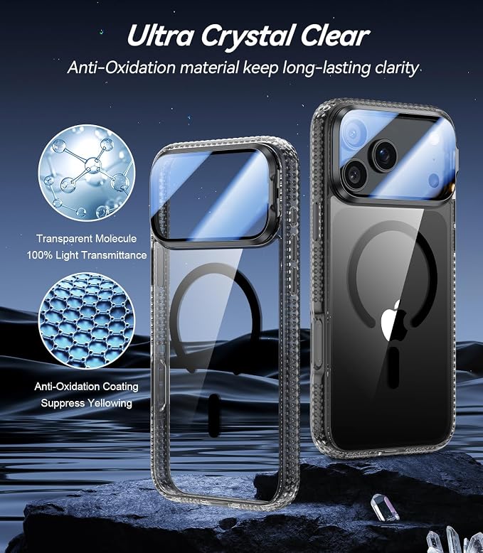VOFATA [Upgraded Full Camera Protection] for iPhone 17 Pro Max Case with Camera Cover Stand [Fit for MagSafe][10FT Mil-Grade Protection] Transparent Magnetic iPhone 17 Pro Max Phone Case, Clear Black - Image 2