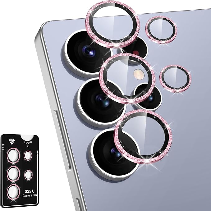 for Samsung Galaxy S25 Ultra Camera Lens Protector, Individual Metal Ring Tempered Glass Lens Cover, [Strong Adsorption] Scratch Resistant Ultra-Thin HD Clear Lens Cover, 1 Set-Pink Sparkly by Btscase
