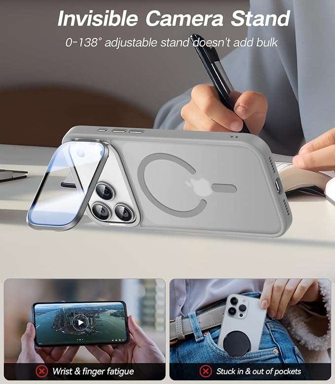 VOFATA [Upgraded Full Camera Protection] for iPhone 17 Pro Max Case with Camera Cover Stand [Fit for MagSafe][10FT Mil-Grade Protection] Translucent Magnetic iPhone 17 Pro Max Phone Case, Grey - Image 3