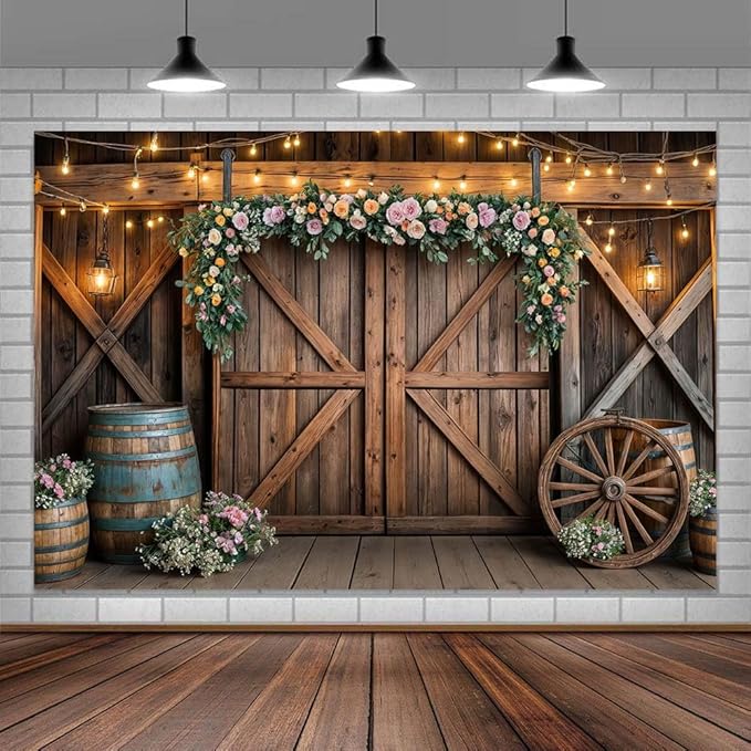 6x4ft Country Wedding Photography Backdrop Rustic Barn Door Photography Backdrop Farmhouse Pink Flower Cabin Wooden Birthday Baby Shower Wedding Bridal Party Banner Photo Booth Props Background by Mtsxfy