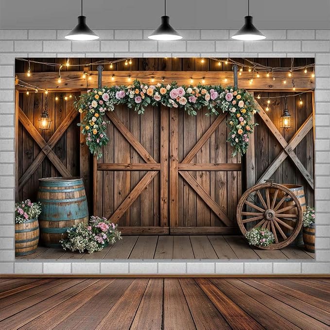 8x6ft Country Wedding Photography Backdrop Rustic Barn Door Photography Backdrop Farmhouse Pink Flower Cabin Wooden Birthday Baby Shower Wedding Bridal Party Banner Photo Booth Props Background by Mtsxfy