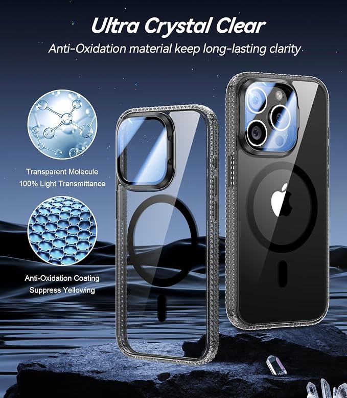 VOFATA [Upgraded] for iPhone 15 Pro Max Case with Camera Cover Stand [Fit for MagSafe][9H Camera Lens Protector] Mil-Grade Protection Transparent Magnetic iPhone 15 Pro Max Phone Case, Clear Black - Image 4