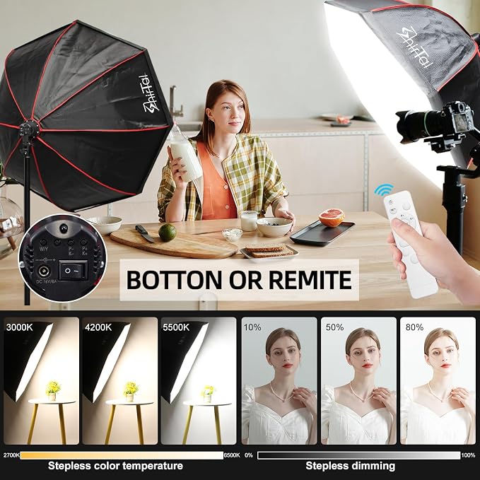 Softbox Lighting Kit,37" Octangle Softbox Photography Lighting Kit with 110W 2700-6500K 11000Lux Dimmable LED Prismatic Lamp and Remote Control,Photo Studio Soft Box Lights for Video Recording - Image 3