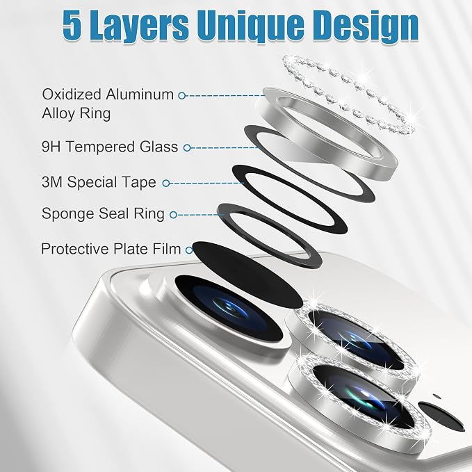 AGVEE 3+3 6 Pack for iPhone 15 Pro & Max Camera Lens Protector Cover | Individual Bling Diamond & Bling Glitter Sparkle Cute Gem Metal Ring, 9H Tempered HD Glass - Image 7
