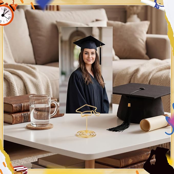 36 Pcs 2026 Graduation Gold Photo Holders for Table Centerpieces Metal Photo Holder Gold Picture Display Stands Menu Memo Clips for Graduation Party Table Decoration Supplies(Certificate, Cap) - Image 7
