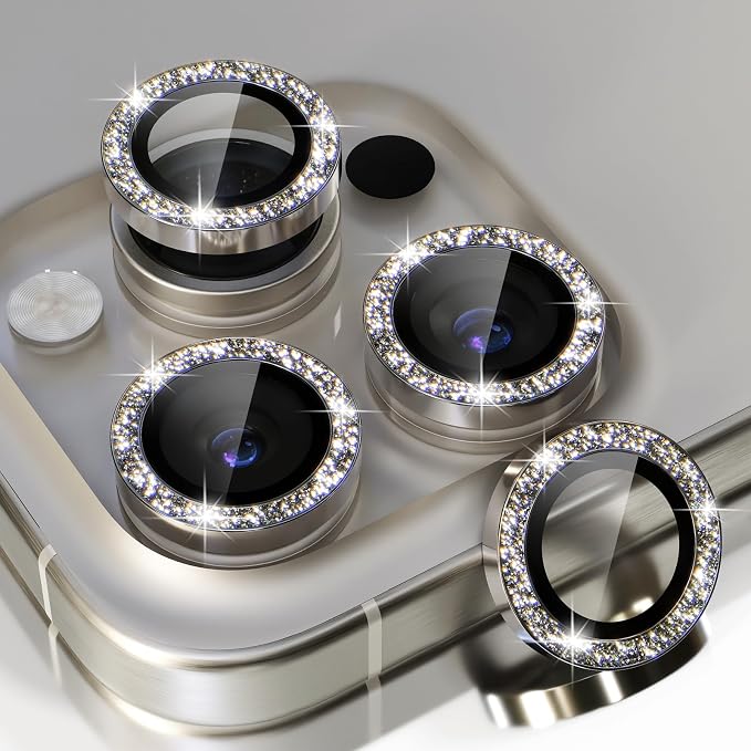 Choiche for iPhone 15 Pro/iPhone 15 Pro Max Camera Lens Protector | Ultra HD, Bling 9H Tempered Glass Camera Cover Screen Protector Metal Ring Decoration Accessories (Glitter-Titanium Natural) by Choiche