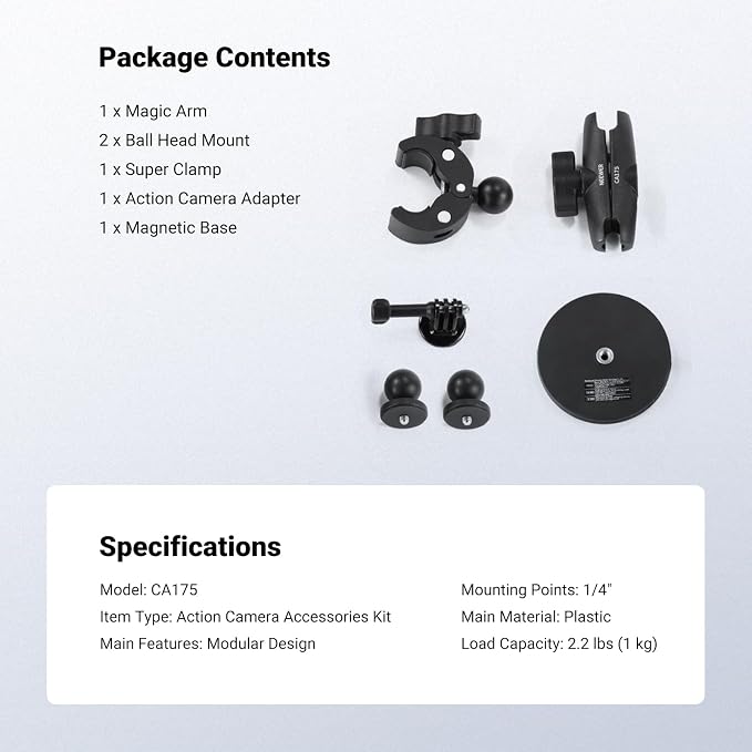 NEEWER Motorcycle Bicycle Handlebar Clamp Holder Magnetic Car Mount Accessories Kit Compatible with Insta360 X5 X4 X3 GoPro DJI AKASO Action Cameras, 360° Ball Heads for POV Video Recording, CA175 - Image 9