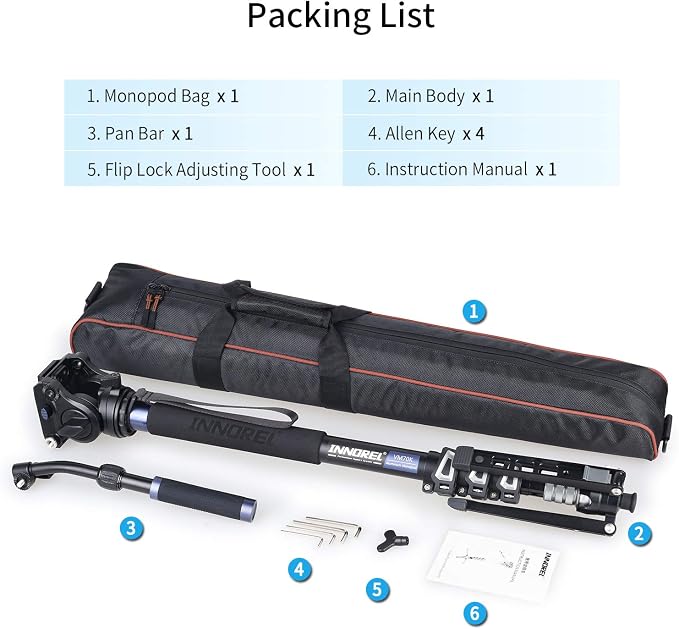Professional Video Monopod Kit-INNOREL VM70K Including CNC Aluminum Fluid Head, Removable Tripod Base and Flexible Monopod Stand for DSLR,Telescopic,Camera,Camcorders (VM70K) - Image 9