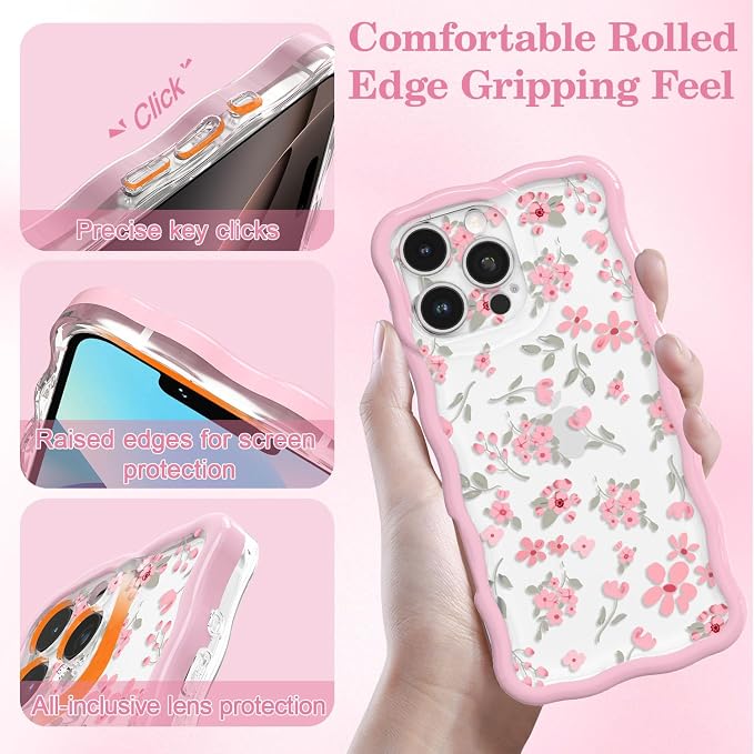 QLTYPRI for iPhone 15 Pro Pink Flower Case, Clear Cute Pink Floral Flower Phone Case Curly Wavy Aesthetic Phone Cover, Soft Slim Transparent TPU Shockproof Protective Cover for Women Girls - Pink - Image 3
